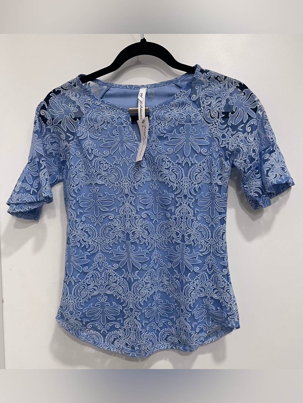 NY Collection Lace Blue Patterned Short Sleeve Women's Top Small NWT New